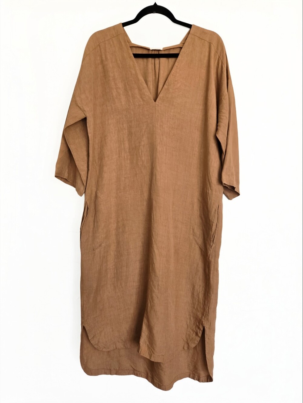 MASSCOB Linen Tan Orange Loose Midi Dress, S
